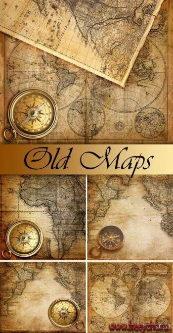     -      | Stock Vintage Old Maps & compass