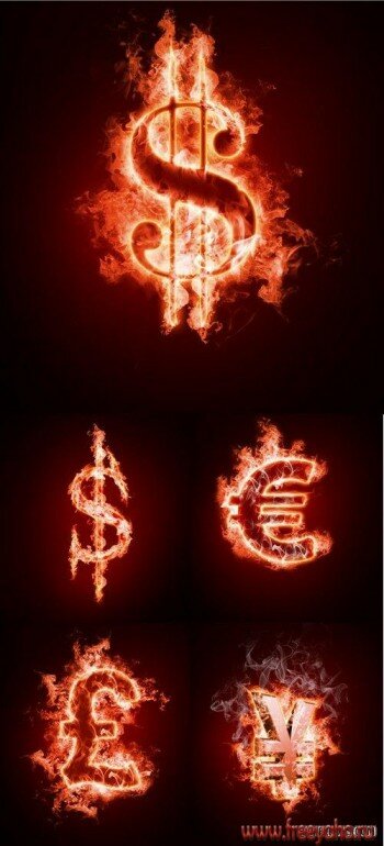 Горящие символы валют мира - клипарт | Fire money symbols
