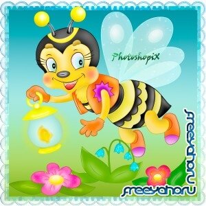 Детский PNG клипарт – Пчелка с фонариком и цветами