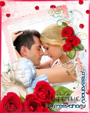 Романтическая фоторамка с ангелом, красными розами и нежными лепестками роз 