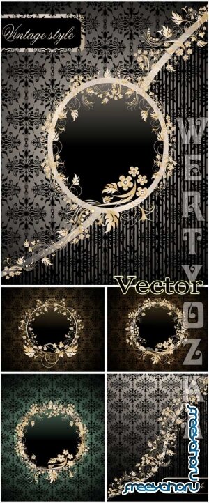        / Dark vector background with gold pattern and decorative flowers