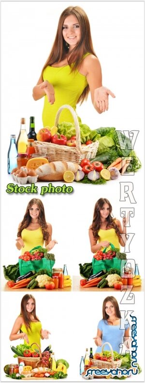    ,   / Girl with a basket of vegetables, food - raster clipart