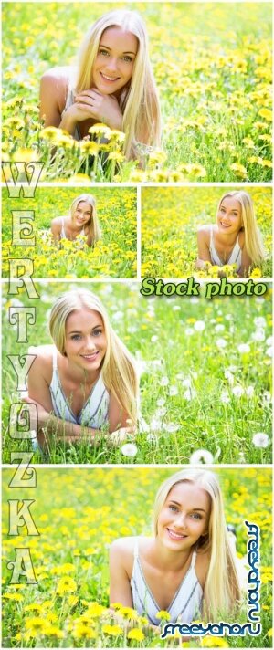        / Girl in a field with flowers and dandelions - raster clipart