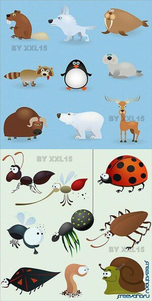       | Cartoon animals and insects vector