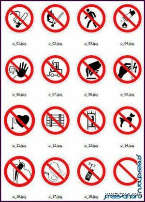 Запрещающие и предупреждающие знаки, символы, таблички в векторе