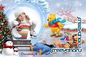 Зимне-новогодняя детская рамка для фото – Катание на коньках с Винни