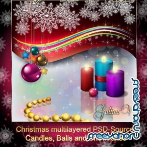 Рождественский PSD-исходник - Свечи, ёлочные игрушки и снежинки