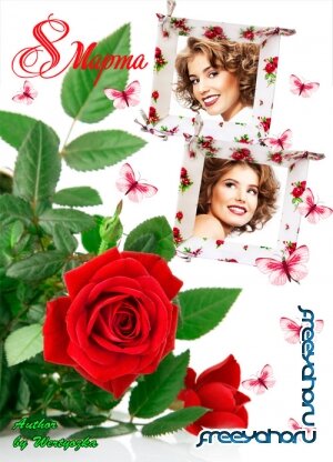 Красные розы на 8 марта - Женская рамка для фотошопа с розами и бабочками 