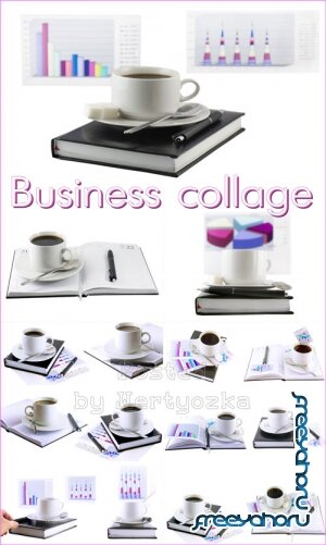Бизнес коллаж, чашка кофе, офисные элементы на белом фоне - растровый клипарт 